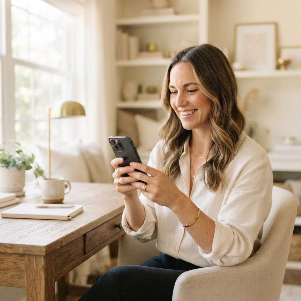 A small-business owner checking their new website on a phone
